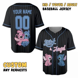 May include: Black baseball jersey with blue pinstripes, featuring Stitch and Angel graphics. The jersey has the text "YOUR NAME" and the number "00" on the back. The front of the jersey says "Stitch & Angel". The text "CUSTOM ANY REQUESTS" is also visible.