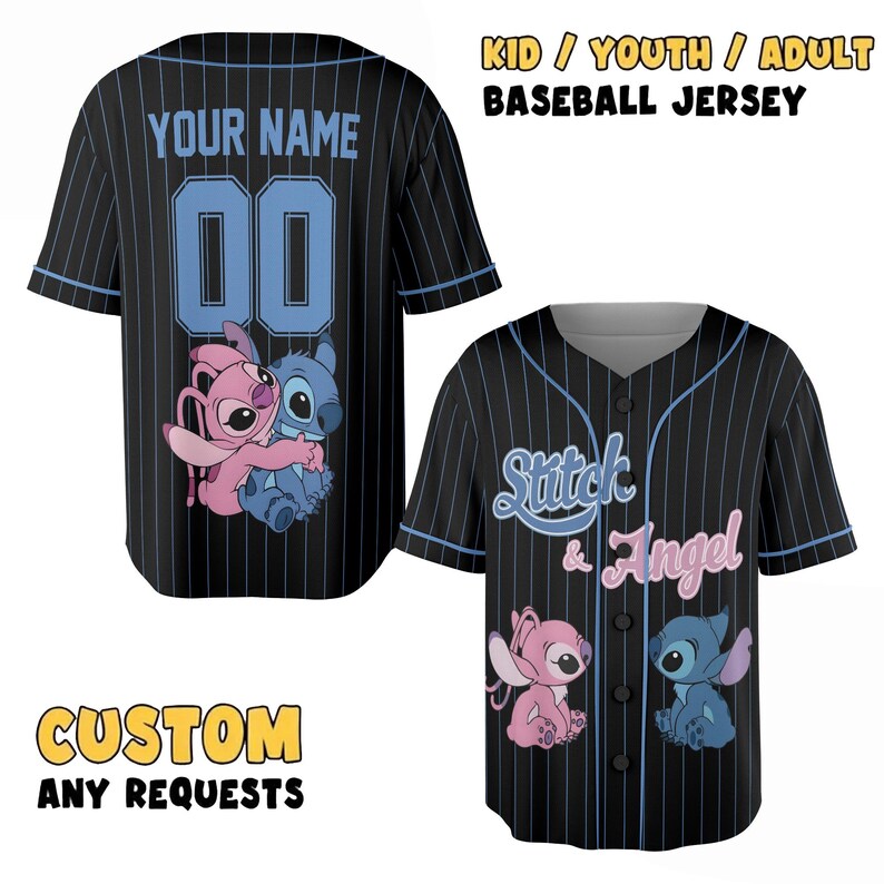 May include: Black baseball jersey with blue pinstripes, featuring Stitch and Angel graphics. The jersey has the text "YOUR NAME" and the number "00" on the back. The front of the jersey says "Stitch & Angel". The text "CUSTOM ANY REQUESTS" is also visible.
