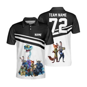 May include: A black and white polo shirt featuring a Zootopia character graphic on the front and back. The front displays a group of characters with a placeholder for a name. The back features the text TEAM NAME above the number 72.