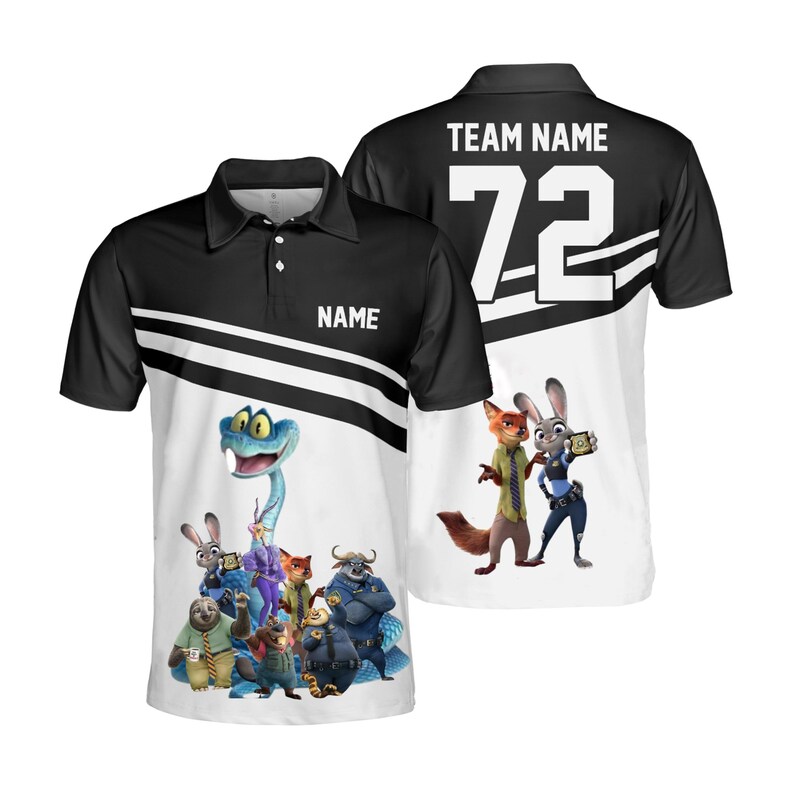 May include: A black and white polo shirt featuring a Zootopia character graphic on the front and back. The front displays a group of characters with a placeholder for a name. The back features the text TEAM NAME above the number 72.