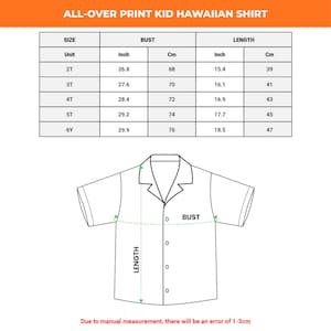 May include: A diagram for an all-over print kid Hawaiian shirt, with bust and length measurements in inches and centimeters. Sizes range from 2T to 6Y. The bust measurements range from 26.8 inches (68 cm) to 29.9 inches (76 cm).