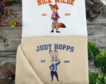 Maglietta ricamata Disneyland Zootropolis, felpa coordinata Nick e Judy, felpa con cappuccio ricamata Disney Trip Nick e Judy, regalo per fan di Zootropolis