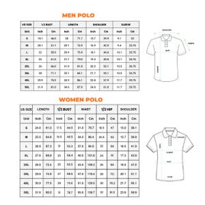 May include: A size chart for polo shirts featuring two tables labeled MEN POLO and WOMEN POLO. The tables list US sizes from S to 5XL with measurements in inches and centimeters for bust, length, shoulder, sleeve, waist, and hip, alongside diagrams.