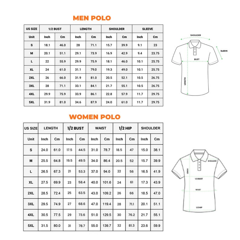 May include: A size chart for polo shirts featuring two tables labeled MEN POLO and WOMEN POLO. The tables list US sizes from S to 5XL with measurements in inches and centimeters for bust, length, shoulder, sleeve, waist, and hip, alongside diagrams.