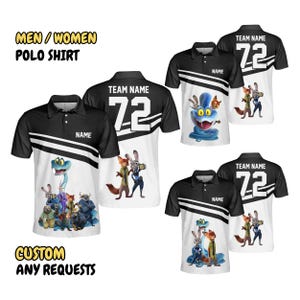 May include: A black and white polo shirt featuring a graphic print of animated characters including a blue snake, a rabbit, and a fox. The shirt includes text placeholders for a name and team name, with the number 72 printed on the back.