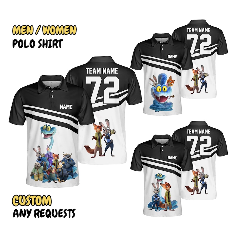 May include: A black and white polo shirt featuring a graphic print of animated characters including a blue snake, a rabbit, and a fox. The shirt includes text placeholders for a name and team name, with the number 72 printed on the back.