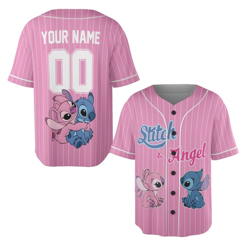 May include: Pink baseball jersey with white pinstripes. The jersey features the text "YOUR NAME" above the number "00" on the back. The front of the jersey has the text "Stitch & Angel" and cartoon characters. The jersey has a button-up front.