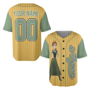 May include: A yellow baseball jersey with green sleeves and a button-up front. The jersey features the name "Anna" in green script on the front and the number "00" on the back. A cartoon image of Anna is on the front.