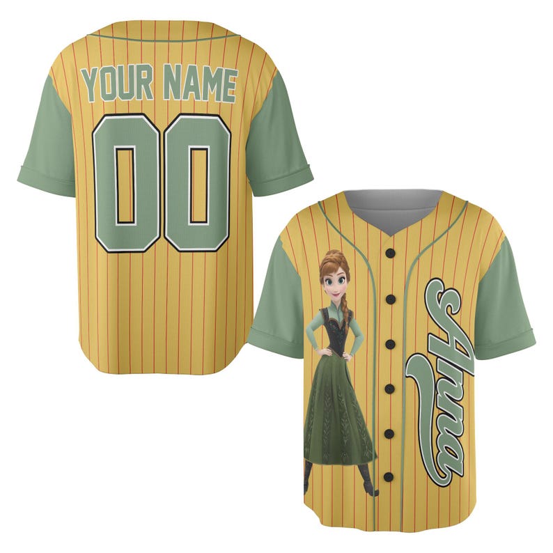 May include: A yellow baseball jersey with green sleeves and a button-up front. The jersey features the name "Anna" in green script on the front and the number "00" on the back. A cartoon image of Anna is on the front.