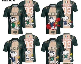 Personalisiertes Mexiko Snoopy Fußball-Poloshirt, benutzerdefinierte Name Anzahl Fußballpolo für Männer Frauen, Mexiko Fußballfan Disney inspiriert Geschenk