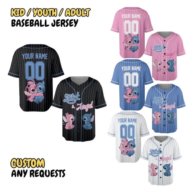 May include: Assortment of baseball jerseys in various colors, including black, pink, blue, and white. Each jersey features a cartoon character design and the option for custom text and numbers. Text on the image reads "KID / YOUTH / ADULT BASEBALL JERSEY" and "CUSTOM ANY REQUESTS."