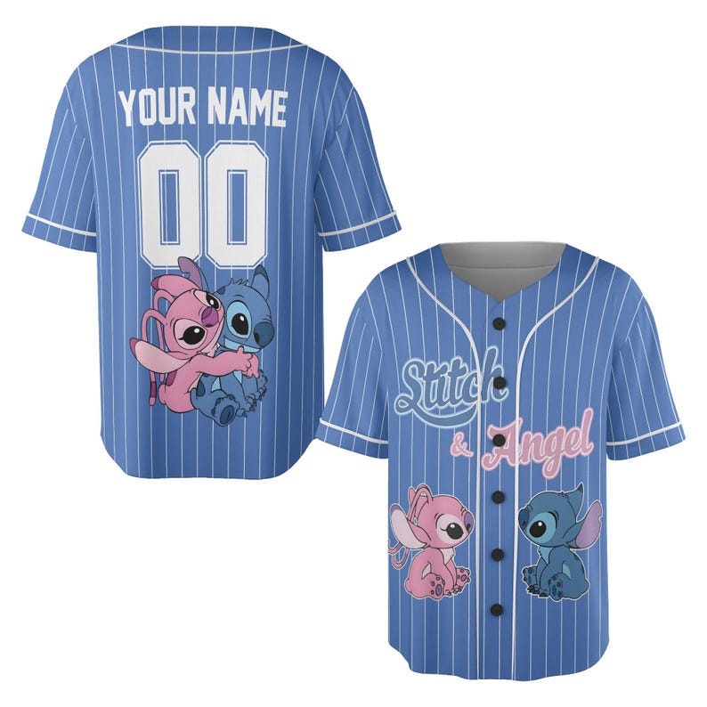 May include: Blue baseball jersey with white pinstripes, featuring the text "YOUR NAME" and the number "00" on the back. The front displays "Stitch & Angel" and cartoon characters. Short-sleeved, button-up design.