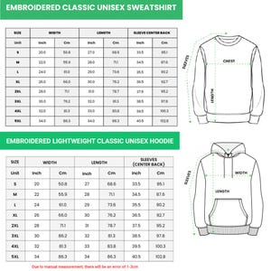 Puede incluir: Tablas de tallas para sudaderas y sudaderas con capucha unisex bordadas, con medidas en pulgadas y cm. Incluye ancho, largo y mangas para tallas S a 5XL. Se indica un posible error de medici&oacute;n.