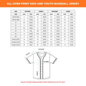 May include: A white baseball jersey size chart for kids and youth, with measurements in inches and centimeters. The chart includes chest, length, shoulder, and sleeve dimensions for sizes 6M to Youth L (16Y). A diagram of the jersey is also included.
