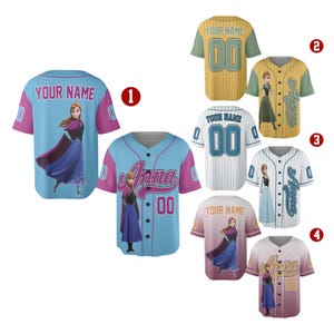 May include: Baseball jerseys in various colors, featuring character graphics and text. The jerseys include light blue, yellow, white, and pink options, with the text "YOUR NAME" and "Anna" displayed on the back and front.