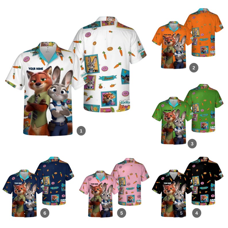 May include: Collection of short-sleeved button-down shirts featuring the characters Nick Wilde and Judy Hopps from Zootopia. Shirts are available in white, orange, green, black, pink, and navy blue, with cartoon graphics and text.