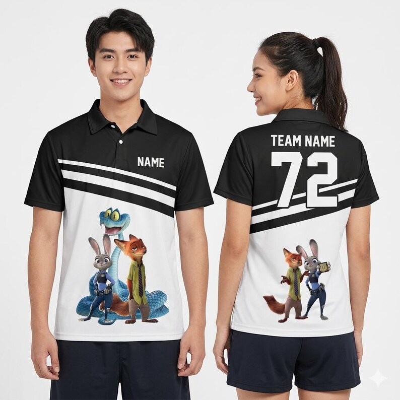 May include: A black and white polo shirt featuring a graphic of Judy Hopps, Nick Wilde, and a blue snake on the front. The back displays the text TEAM NAME above the number 72, with a smaller graphic of Judy Hopps and Nick Wilde below the number.