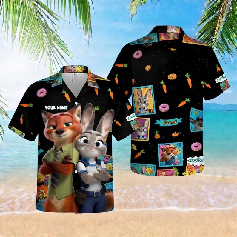 May include: Black button-up shirt featuring characters from Zootopia, including Nick Wilde and Judy Hopps. The shirt has a repeating pattern of carrots and donuts. The text "YOUR NAME" is visible on the front.