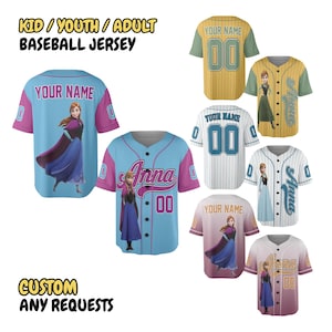 May include: Baseball jerseys in various colors, featuring a cartoon character design. The jerseys are available in kid, youth, and adult sizes. The text "YOUR NAME" and "Anna" are visible on the jerseys. The text "CUSTOM ANY REQUESTS" is also visible.