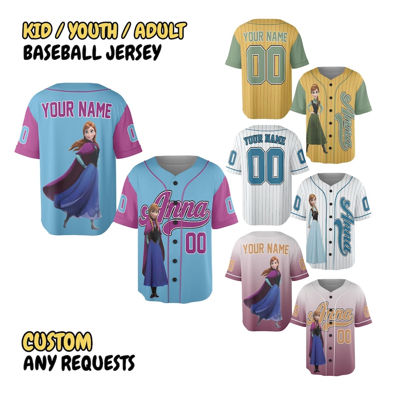 May include: Baseball jerseys in various colors, featuring a cartoon character design. The jerseys are available in kid, youth, and adult sizes. The text "YOUR NAME" and "Anna" are visible on the jerseys. The text "CUSTOM ANY REQUESTS" is also visible.