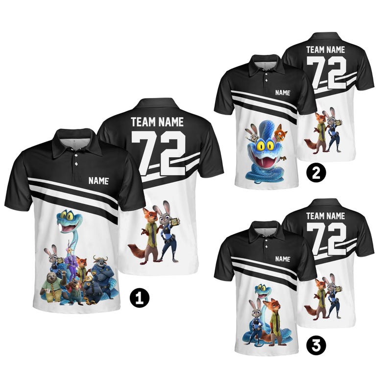 May include: A black and white polo shirt featuring Zootopia characters. The front displays a graphic of the movie cast, while the back shows the text TEAM NAME, the number 72, and characters Nick Wilde and Judy Hopps. The shirt has a collar and buttons.
