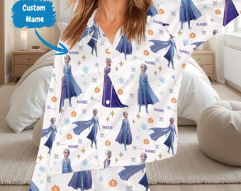 Anna Elsa Pyjamas, Gefrorene Satin-Pyjama-Set, Benutzerdefinierte Name Disney Nachtwäsche, Cartoon PJs Frauen Kinder Jugend, kurze lange Set
