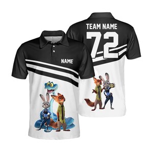 May include: A black and white polo shirt featuring a graphic of a rabbit, a fox, and a blue snake on the front. The back displays the text TEAM NAME above the number 72. The front includes a placeholder for a name and two diagonal stripes.
