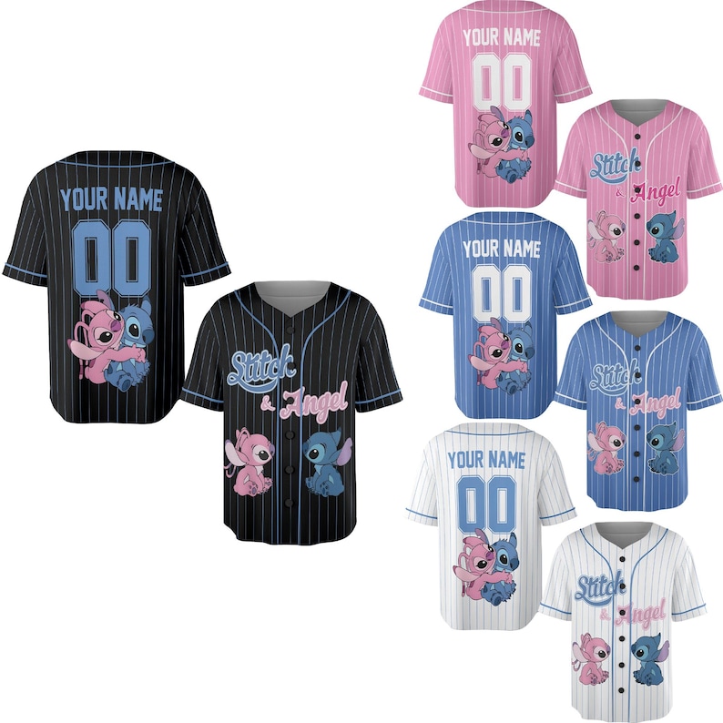 May include: Baseball jerseys in various colors, including black, pink, blue, and white. Each jersey features a cartoon graphic of two characters hugging, with the text "YOUR NAME" and the number "00" on the back. Some jerseys also have the text "Stitch & Angel".