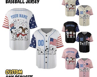 Patriotic Snoopy Baseball Jersey Personalized, USA Snoopy Jersey Shirt, 4th of July Peanuts Baseball Tee, Custom Family Vacation Shirt