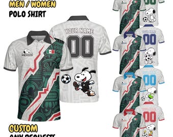 Personalized Snoopy Mexico Soccer Polo Shirt, Custom Name Number Football Polo for Men Women, Peanuts Mexico Fan Family Vacation Gift