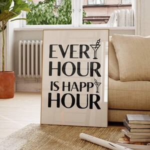 Every Hour Is Happy Hour Print Black Bar Cart Wall Art Cute Drinks Poster Aesthetic Bar Cart Decor Minimalist Heart Art Digital Printable