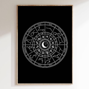 Zodiac Wheel Printable Wall Art Astrology Chart Poster Mystical Celestial Decor Horoscope Symbols Art Boho Spiritual Home Decor Gift for Her