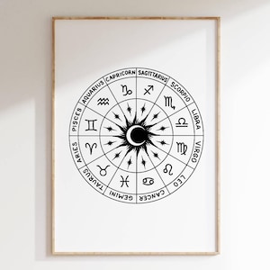 Zodiac Wheel Printable Wall Art Astrology Chart Poster Mystical Celestial Decor Horoscope Symbols Art Boho Spiritual Home Decor Gift for Her