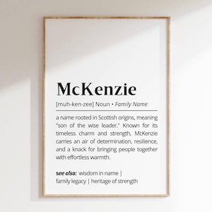 McKenzie Family Name Definition Wall Art Surname Meaning Print Ancestry Heritage Decor Personalized Name Poster Unique Art Gift for Families