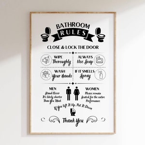 Funny Bathroom Rules Wall Art Bathroom Etiquette Printable Humorous Restroom Sign Bathroom Decor for Guest and Family, Quirky Toilet Poster