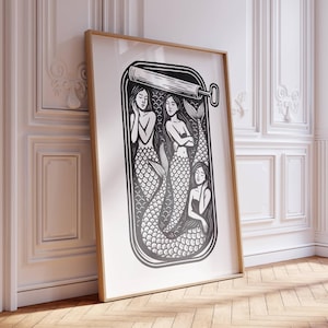 Tinned Mermaids Printable Wall Art Fantasy Ocean Satire Decor Fun Nautical Bathroom Print Coastal Gift for Beach, Lake or Boat House Poster
