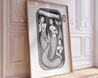Tinned Mermaids Satire Print: Nautical Bathroom Decor (Digital Download