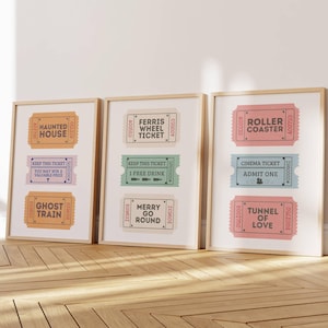 Vintage Carnival Ticket Wall Art Set of 3 Haunted House Ferris Wheel Roller Coaster Retro Art Gift for Halloween Year-Round Nostalgic Decor