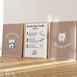 Dental Hygiene Wall Art Prints Set of 3+1 Kids Bathroom Decor Brush Your Teeth Poster Tooth Care Art Dental Office Decor Fun Home Oral Care