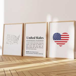 United States Definition Wall Art Set of 3 American Patriotic Prints USA Map & Flag Home Art Decor Minimalist Gift for Him Typography Poster