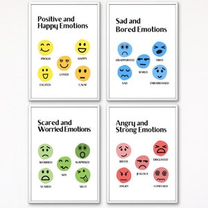 Feelings Chart for Kids Set of 4 + 1 Emotion Recognition Poster Classroom Decor Mental Health Awareness Emotional Learning Wall Art for Home