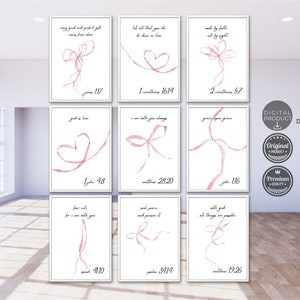 Coquette Christian Wall Art: Bible Quotes with Pink Bows (Set of 9) (Digital Download)