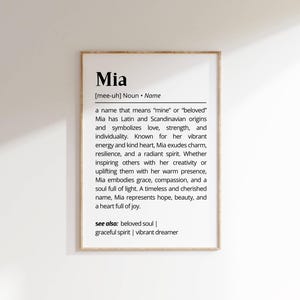 Mia Name Definition Wall Art Personalized Name Meaning Minimalist Typography Poster Baby Shower Gift Idea Unique Gift for Her Nursery Decor