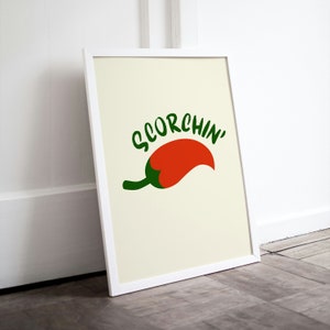 Scorchin&#39; Chili Printable Wall Art, Digital Chili Poster, Downloadable Print, Modern Kitchen Decor, Retro Poster, Food Art, Kitchen Art, Hot