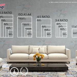 Included sizes and ratios inside product described with this image. Sofa for scale.