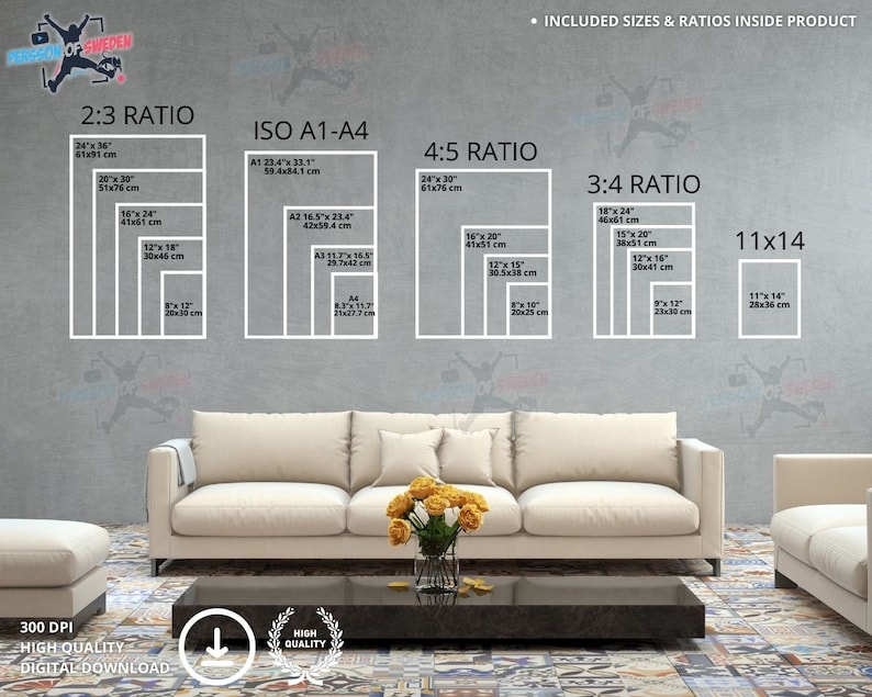 Included sizes and ratios inside product described with this image. Sofa for scale.