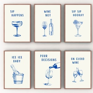 Bar Art Prints Nowoczesne plakaty z alkoholem Wydruki z koktajlami Sztuka ścienna na wózek barowy Plakat z winem Wydruki z napojami Wydruki z zabawnymi napojami Pobieranie cyfrowe Zestaw 6 sztuk