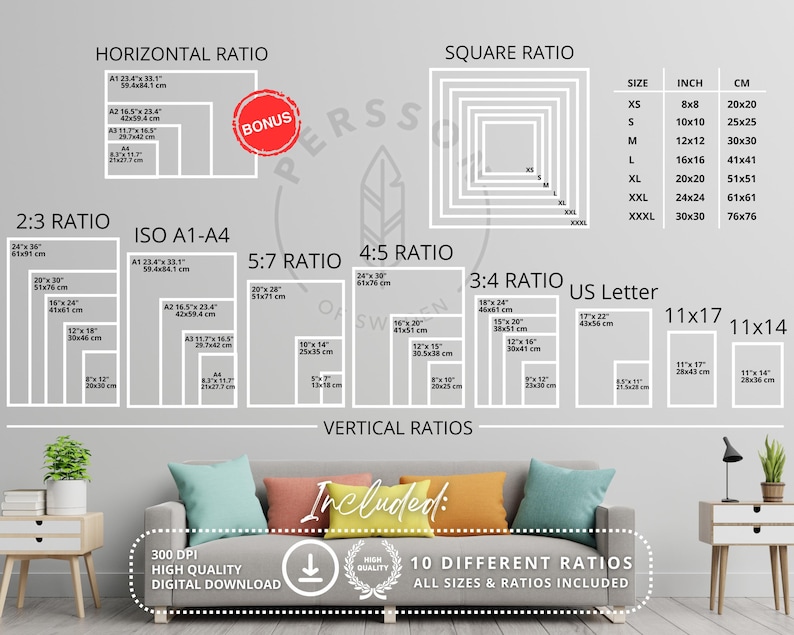 All included sizes and ratios to this listing. A total of 10 of the most commonly used ratios to choose from. Horizontal is the bonus ratio!