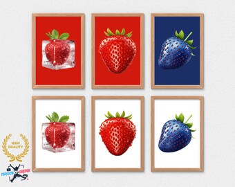 Set di arte da parete con fragole di 6 PNG digitali, FruitArtDownload, SweetStrawberryPrint, KitchenDecorArt, SummerFruit, GardenFruitPrint, BerryDecor