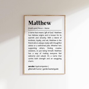Matthew Name Definition Wall Art Print Personalized Inspirational Decor Gift Name Meaning Modern Minimalist Wall Art Gift Friends & Family